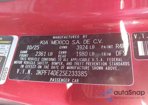 2025 Kia K4 Lxs z USA, uszkodzony, nr VIN 3KPFT4DE2SE233385